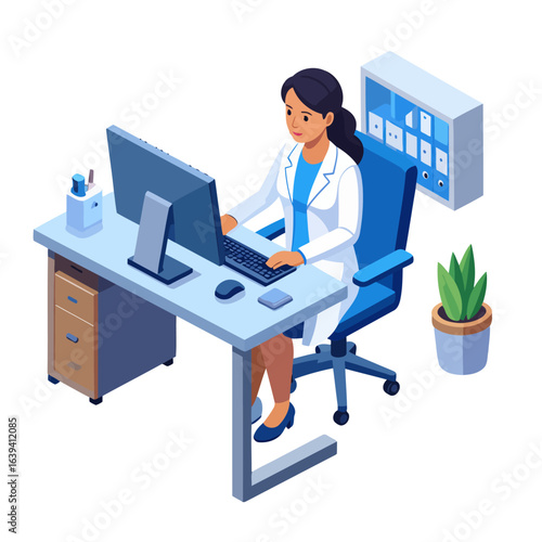 Isometric Doctor Working at Desk with Computer and Medical Records