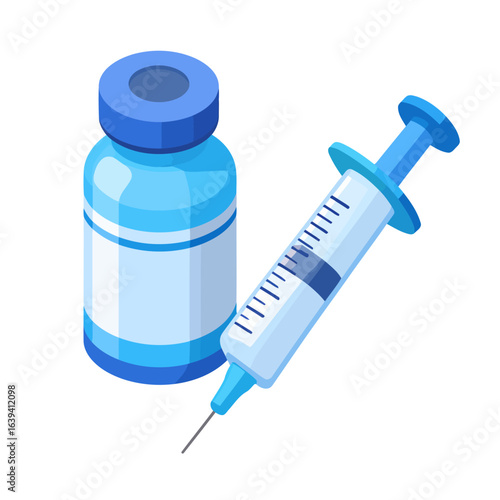 Isometric medical illustration of a blue vaccine vial and a disposable syringe with a needle for injection.