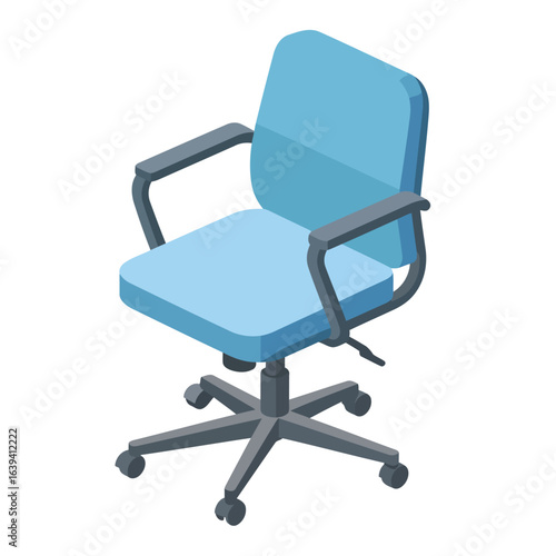 Isometric light blue swivel office chair with a dark grey frame and casters.