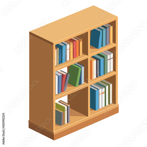 Isometric wooden bookcase with six compartments filled with colorful hardback books.