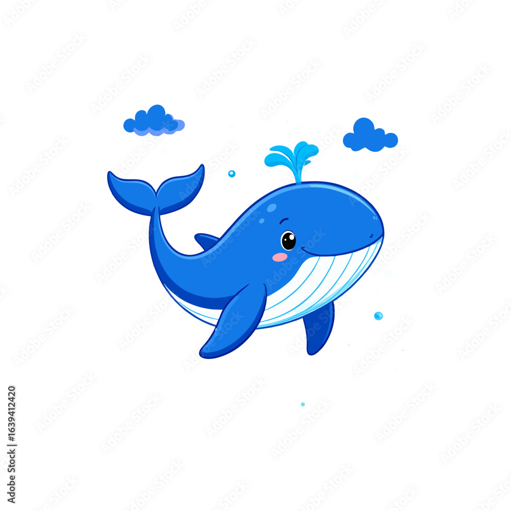 Obraz premium A cute cartoon blue whale character spouting water from its blowhole. Happy marine animal mascot vector illustration isolated on white background.