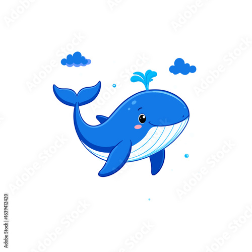 A cute cartoon blue whale character spouting water from its blowhole. Happy marine animal mascot vector illustration isolated on white background.