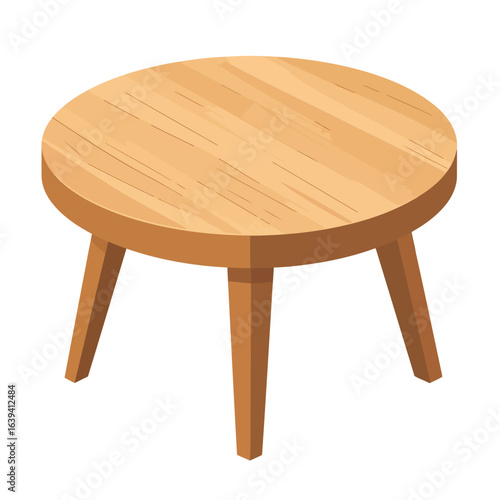 A simple round wooden stool with four tapered legs and a light brown wood grain texture.