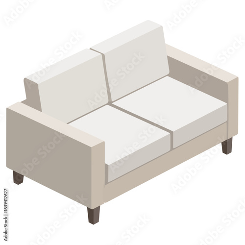 Minimalist beige two-seater sofa with off-white cushions, an isometric furniture illustration.