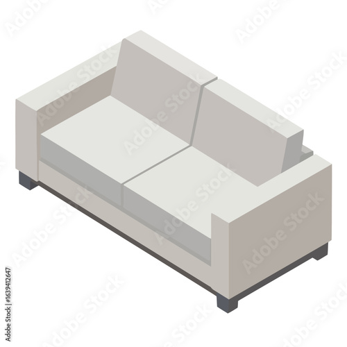 Isometric Light Gray Two-Seat Sofa with Blocky Design and Dark Gray Legs