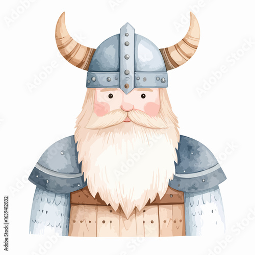 Charming watercolor Viking with a long white beard, mustache, and a blue riveted horned helmet.