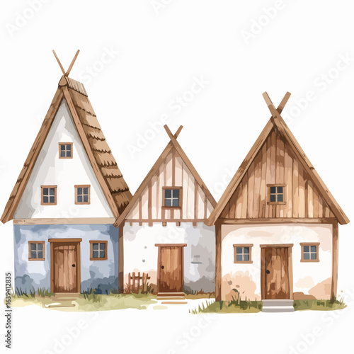 Charming Watercolor Village Scene with Rustic Medieval Houses