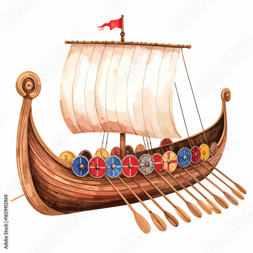 Watercolor illustration of a Viking longship with colorful shields, oars, and a red flag.