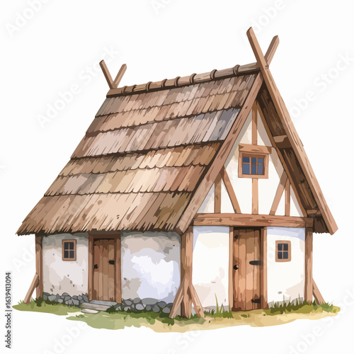 Rustic Medieval Thatched-Roof Cottage with Timber Frame and Stone Base