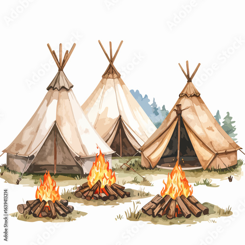 Hand-painted watercolor teepee tents and crackling campfires in a rustic outdoor scene.