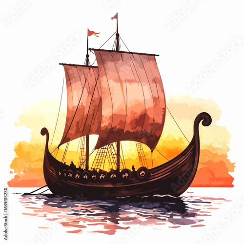 Majestic Viking drakkar longship with carved prow, shields, and two red sails.