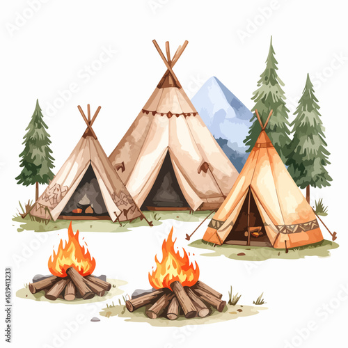 Watercolor Illustration of a Cozy Campsite with Teepees and Campfires