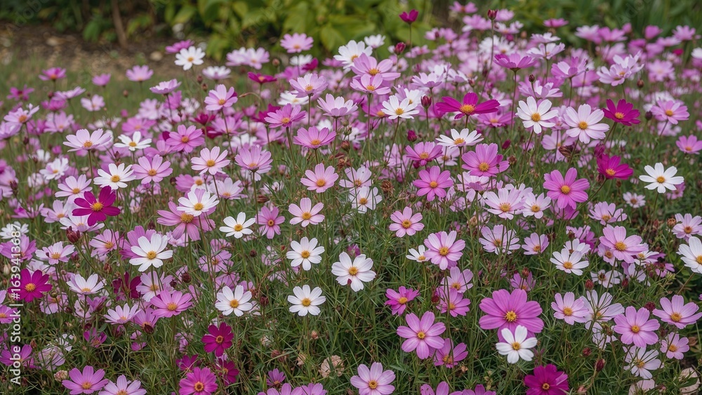 Naklejka premium Garden Scene Featuring Cosmos Flowers in Bloom