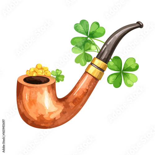Classic wooden smoking pipe filled with gold coins and adorned with lucky green shamrocks, watercolor style.