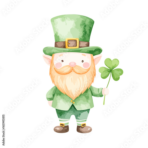 Cute watercolor leprechaun in a green suit and top hat holding a shamrock.