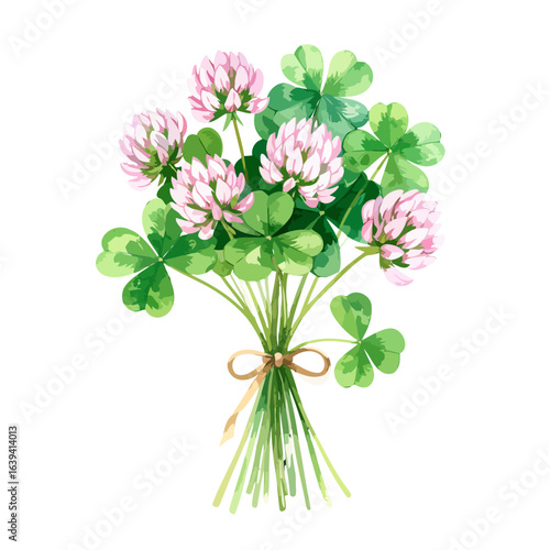 Charming watercolor bouquet of pink clover flowers and green shamrock leaves tied with a bow.