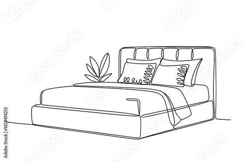 Modern bed with pillows continuous line drawing illustration
