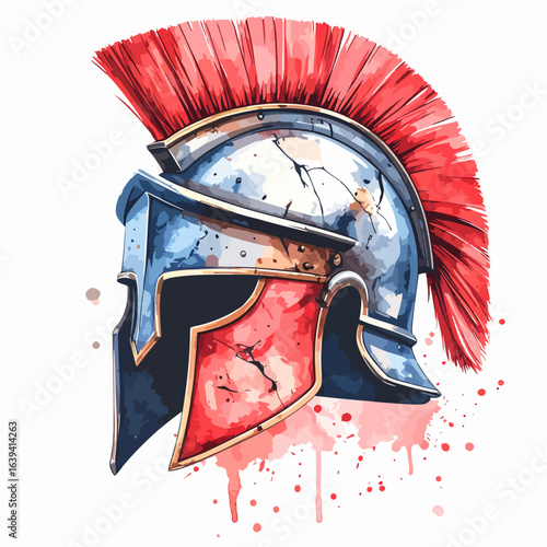 Battle-worn Spartan warrior helmet with a vibrant red crest, depicted in a dynamic watercolor style.