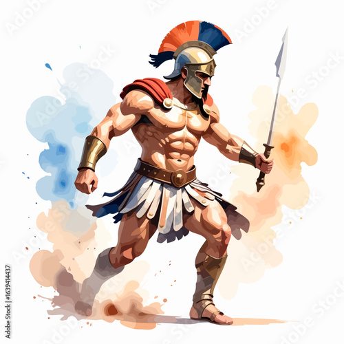 Powerful Greek warrior in a plumed helmet and armor, advancing into battle with a sword.