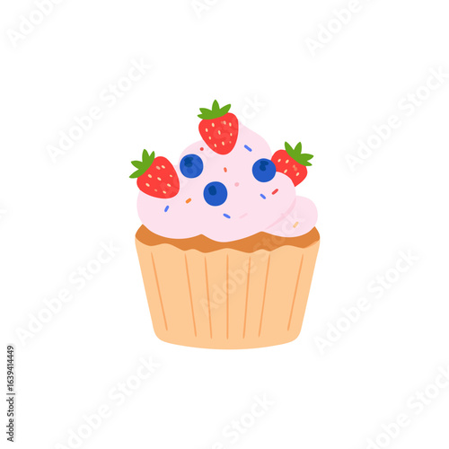 Delicious dessert cupcake illustration with pink frosting, strawberries, and blueberries. A cute, sweet treat for celebrations.