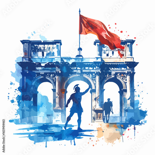 A blue triumphal arch with a waving red flag and Roman warrior silhouettes in a dynamic watercolor style.