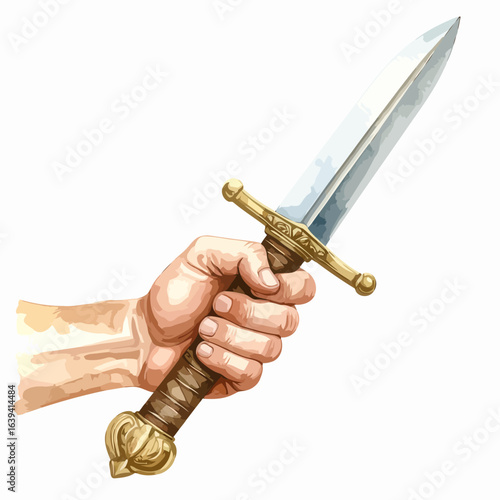Vector illustration of a hand firmly gripping a medieval dagger with a golden hilt and sharp steel blade.