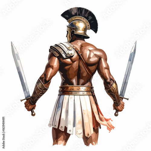 Muscular Ancient Warrior with Two Swords and Plumed Helmet