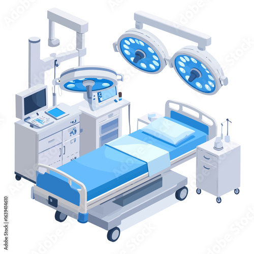 Isometric illustration of a modern hospital operating room with advanced surgical equipment and an empty bed.
