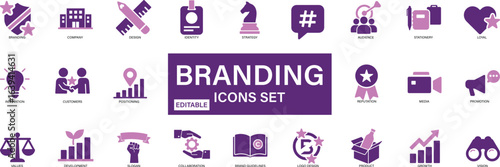 Branding Icon Set. Editable vector icons of branding, marketing, identity, strategy, audience, and communication. Ideal for businesses, marketing agencies, and design studios.