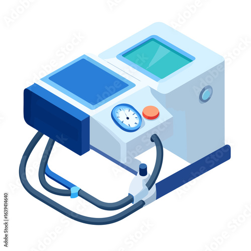 Isometric medical ventilator with dual screens, pressure gauge, and breathing tubes. A modern respiratory support device illustration.