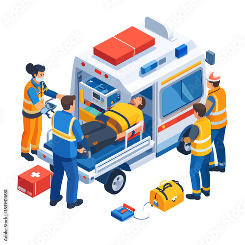 Isometric view of a medical rescue team loading an injured patient on a stretcher into an ambulance with equipment.