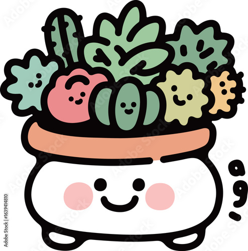 Cute cartoon succulent plants in a pot with a happy face, adorable houseplant illustration