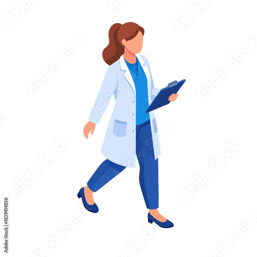 Faceless female doctor with a ponytail in a lab coat walking purposefully with a clipboard.