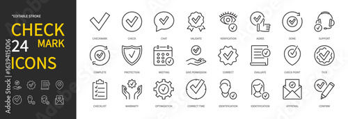 Check mark icon set. Check, validate, verification, done, support, complete, give permission, correct, evaluate, check point, tick, warranty, identification, approval, confirm. Vector illustration.