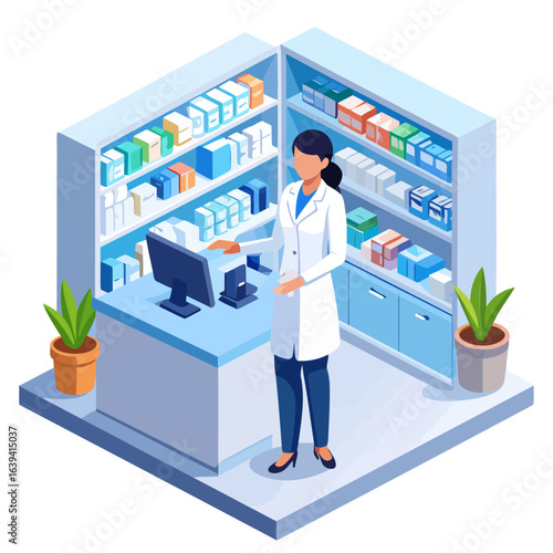 Pharmacist in White Coat Standing at Pharmacy Counter with Shelves of Medicine