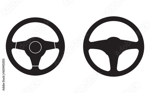 Black steering wheels on white background vehicle control