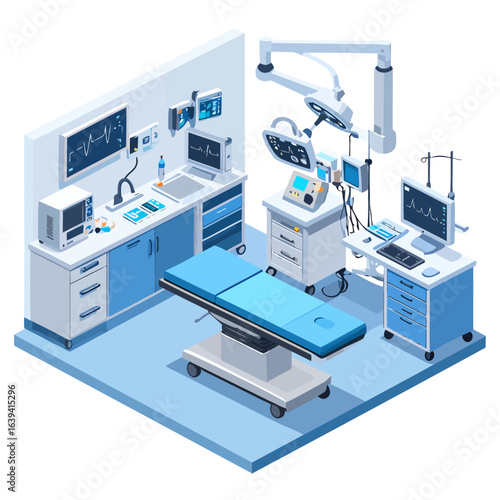 Isometric view of a modern hospital operating room with advanced surgical equipment and monitors.