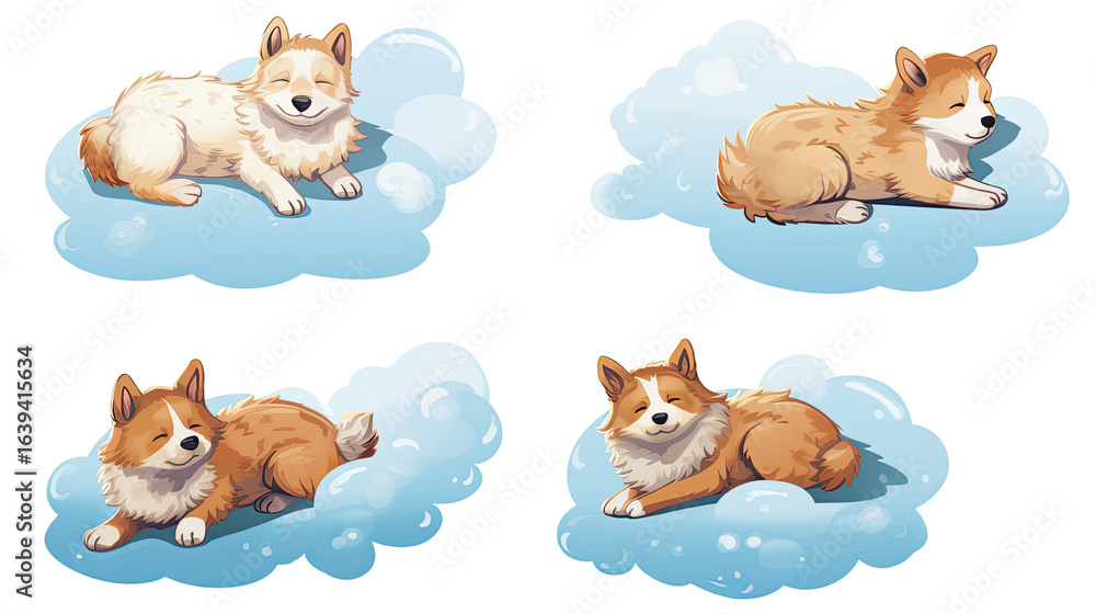 Obraz premium Set of cute sleeping dogs on cloud isolated on white background