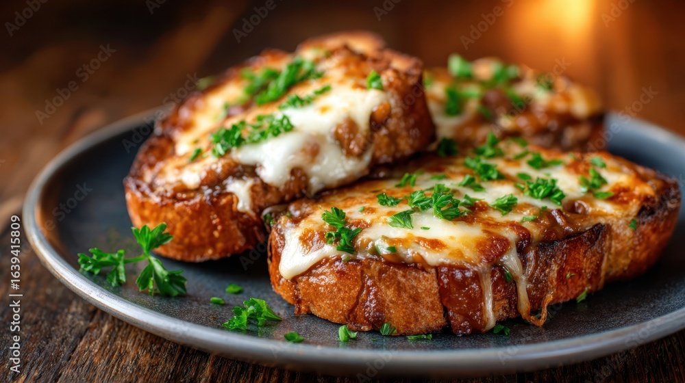 Delicious melted cheese toasts are elegantly arranged on a rustic plate, featuring crispy edges and a rich golden-brown color, perfect for a cozy meal or an appetizer. Delicious melted cheese toasts are elegantly arranged on a rustic plate, featuring crispy edges and a rich golden-brown color, perfect for a cozy meal or an appetizer.