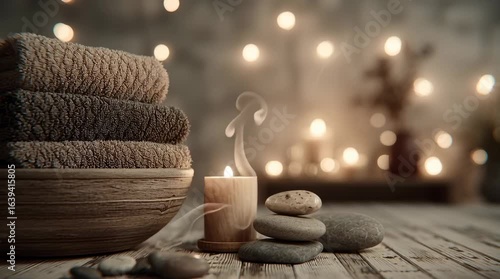 Serene Spa Ambiance: The image portrays a spa-like setting. Soft towels are neatly stacked, a lit candle, and smooth stones exude a sense of calm. The warm lighting adds to the tranquil atmosphere.