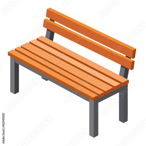 Modern isometric park bench with orange wooden slats and a dark grey frame.