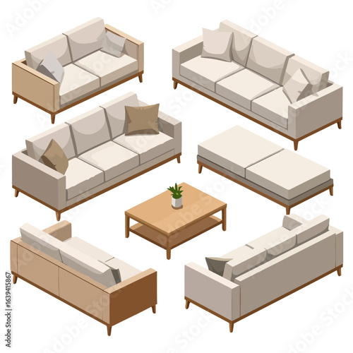 Isometric collection of modern living room furniture with beige sofas, an ottoman, and a wooden coffee table.