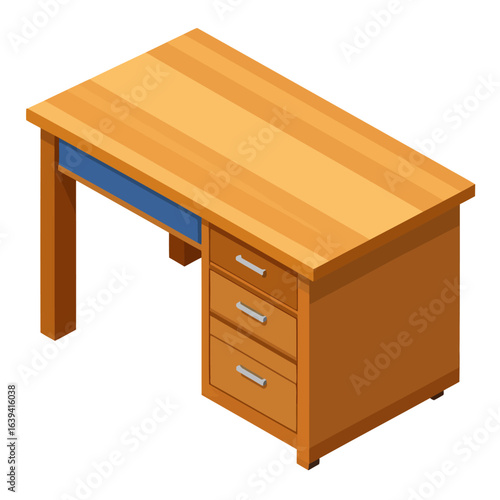 Isometric View of a Wooden Desk with Three Drawers and a Blue Keyboard Tray