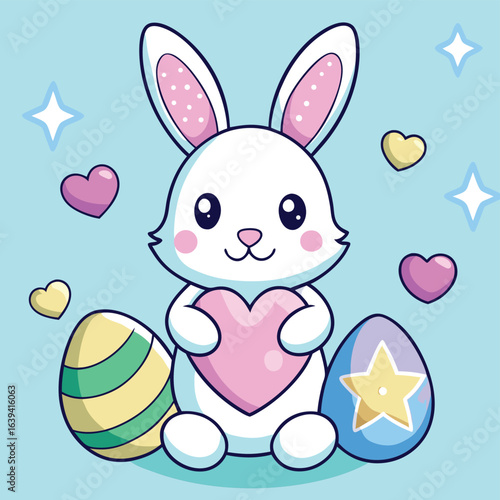 An endearing brown Easter bunny sits in a lush green meadow, holding a basket overflowing with brilliantly colored painted eggs, basking in the soft spring sunshine