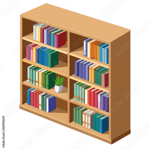 Isometric light brown wooden bookshelf filled with colorful books and a small green plant.