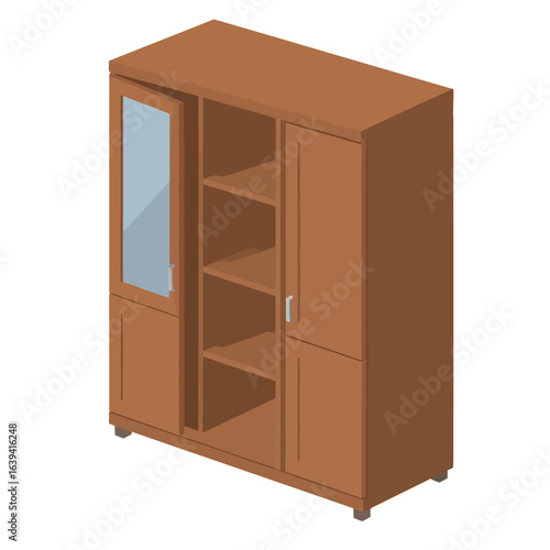Isometric brown wooden cabinet with open shelves and a glass panel door.