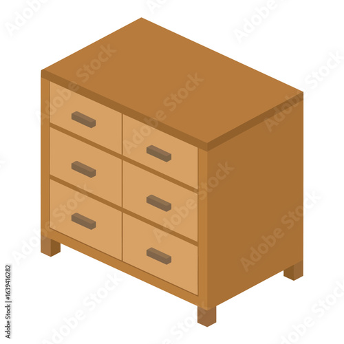 Isometric wooden dresser with six light brown drawers and dark rectangular handles, a classic furniture piece.
