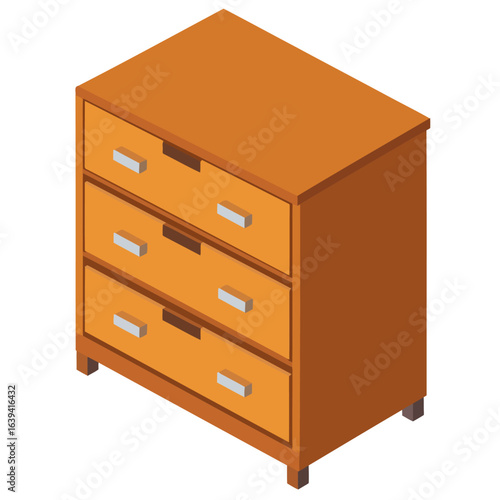 Isometric wooden chest of drawers with three drawers and modern rectangular handles.