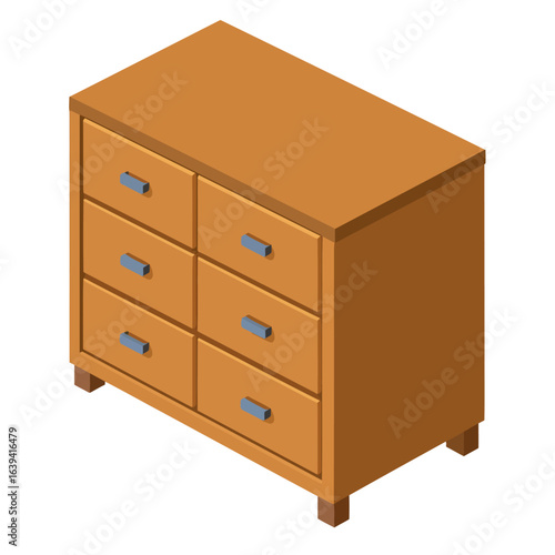 Isometric View of a Wooden Dresser with Six Drawers and Blue Handles
