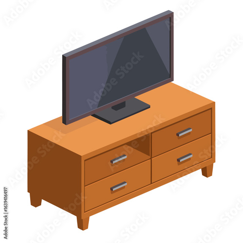 Isometric TV on Orange Stand with Drawers and Silver Handles